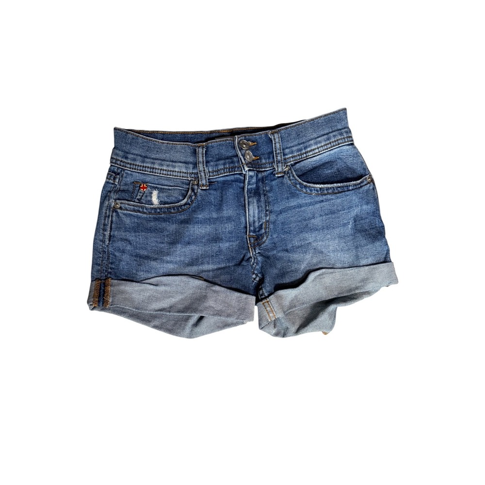 Hudson Ruby Mid Thigh Denim Shorts 27 Medium Wash Blue Cuffed Flap Pocket Womens